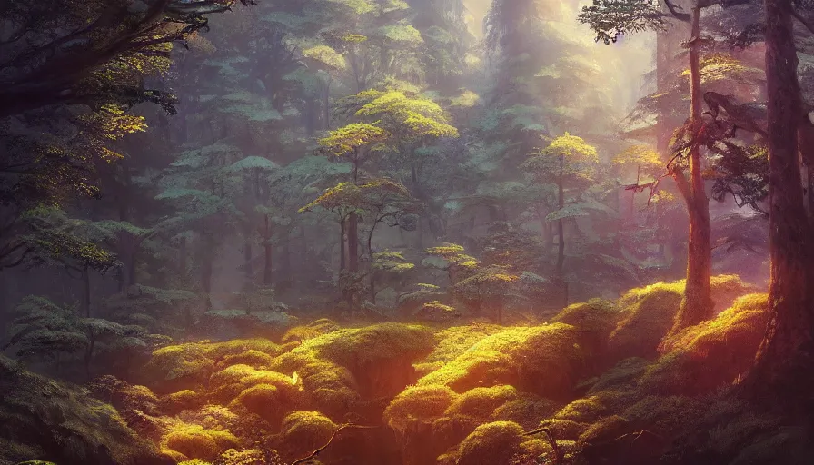 Image similar to A highly detailed matte painting of a dense forest by Mokoto Shinkai, breathtaking, beautiful composition, by Artgerm, by beeple, by Studio Ghibli, golden hour, volumetric lighting, octane render, detailed, oil painting, 4K resolution, trending on artstation