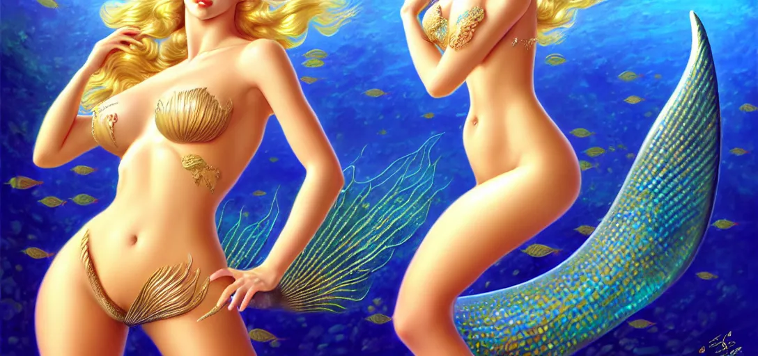 Prompt: photo of a gorgeous blonde female mermaid wearing metal armor in the style of alberto vargas and stefan kostic, realistic, half body shot, sharp focus, 8 k high definition, insanely detailed, intricate, elegant, art by stanley lau and artgerm, extreme blur coral reef background