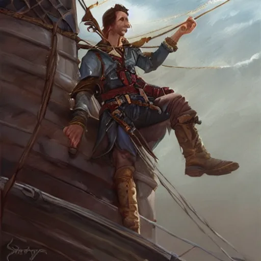 Image similar to plucky charming white male rogue climbing ship ladder, naval background, fantasy, D&D 5e, 5th edition, portrait, piercing stare, highly detailed, digital painting, HD, artstation, concept art, matte, sharp focus, illustration, art by artgerm and greg rutkowski