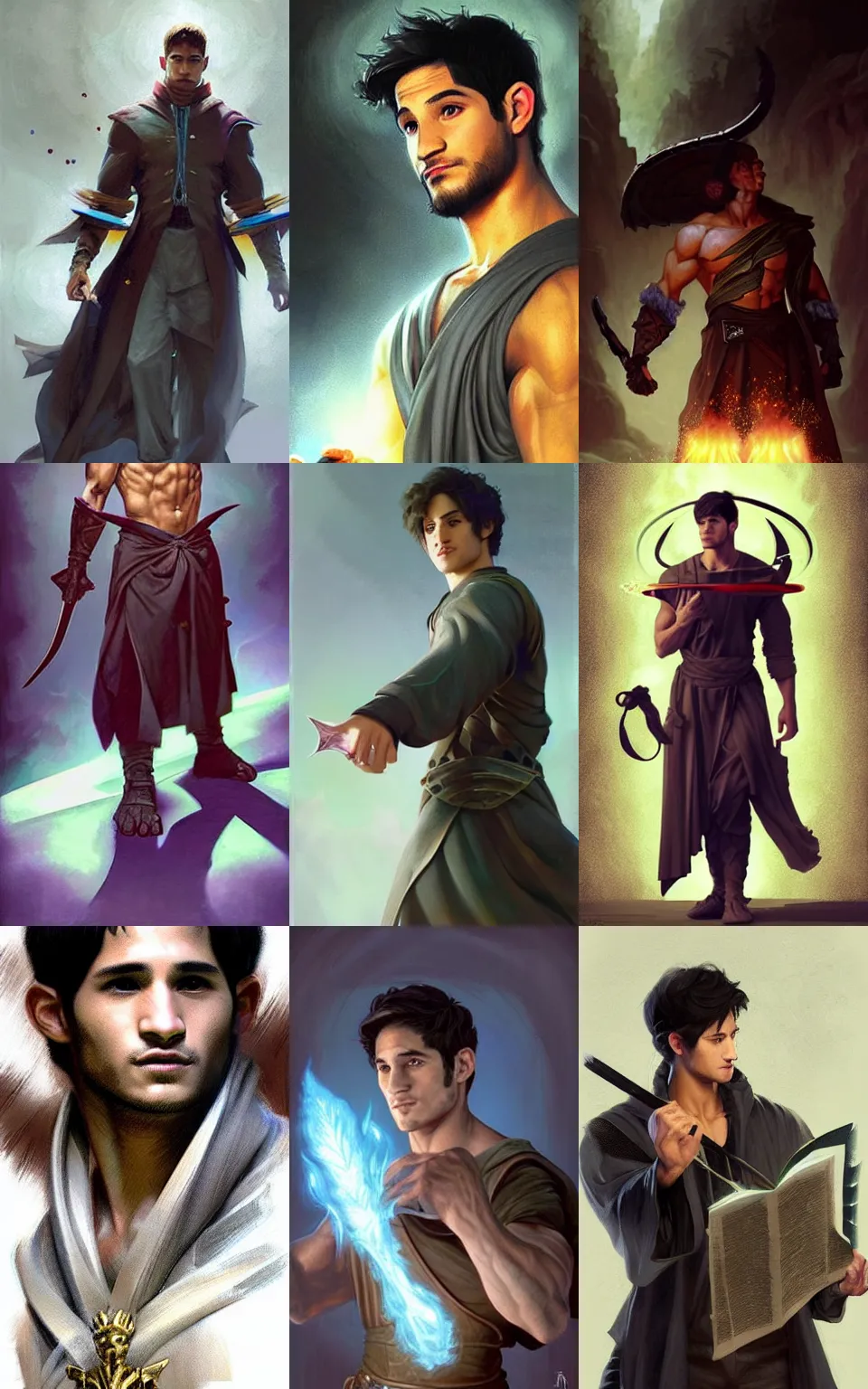 Prompt: character concept portrait of focused Tyler Posey as a wizard enchanting a protection spell, a floating spell book in the center, muscular, abs, robes, elegant, digital painting, concept art, smooth, sharp focus, illustration, from Metal Gear, by Ruan Jia and Mandy Jurgens and William-Adolphe Bouguereau, Artgerm