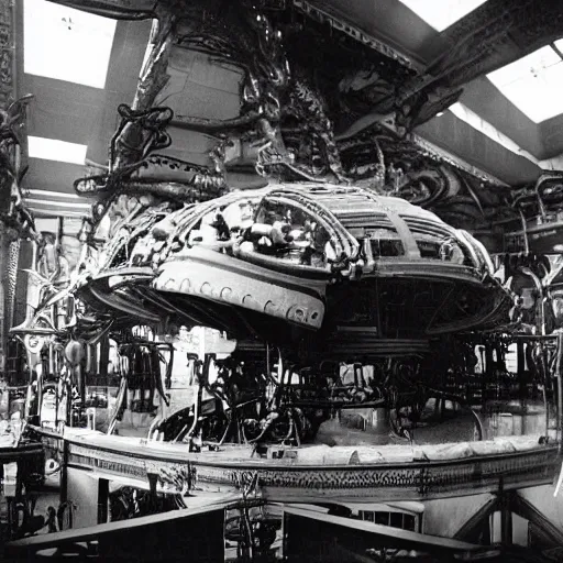 Prompt: scientists discovering an alien spacecraft inside a research center, 1 9 2 0's sci - fi, black and white, 8 k, highly ornate intricate details, extreme detail,