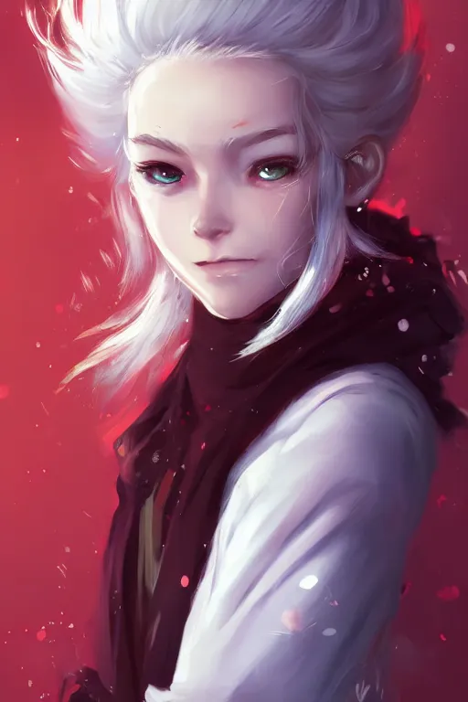 Image similar to portrait of a girl sorcerer with white hair in a messy white hairbun. She is wearing a short black tshirt, jeans pants, a red scarf. digital art, character design. in the style of wlop, rossdraws, artstation trending