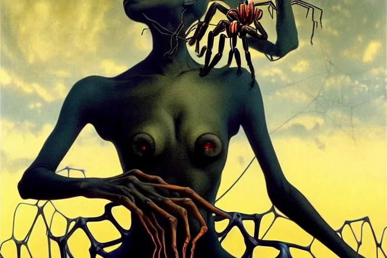 Prompt: realistic detailed portrait movie shot of a beautiful black woman riding a giant spider, dystopian city landscape background by denis villeneuve, amano, yves tanguy, alphonse mucha, max ernst, kehinde wiley, jean delville, david lynch, roger dean, cyber necklace, rich moody colours, sci fi patterns, dramatic, wide angle