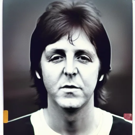 Image similar to Polaroid Portrait of a younger 1970s 35 year old Paul McCartney, taken in the 1970s, photo taken on a 1970s polaroid camera, grainy, real life, hyperrealistic, ultra realistic, realistic, highly detailed, epic, HD quality, 8k resolution, body and headshot, film still, front facing, front view, headshot and bodyshot, detailed face, very detailed face, by Andy Warhol