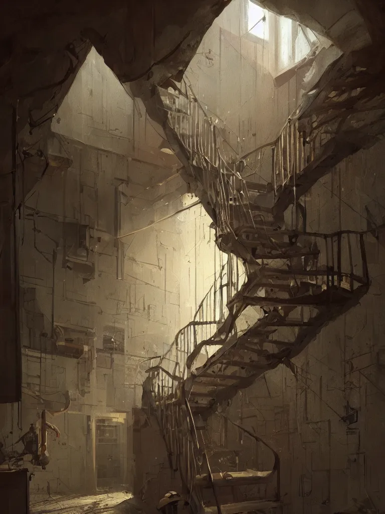 Image similar to down a basement staircase in a painting from stalenhag, 4 k, 8 k, hdr, artstation, concept art