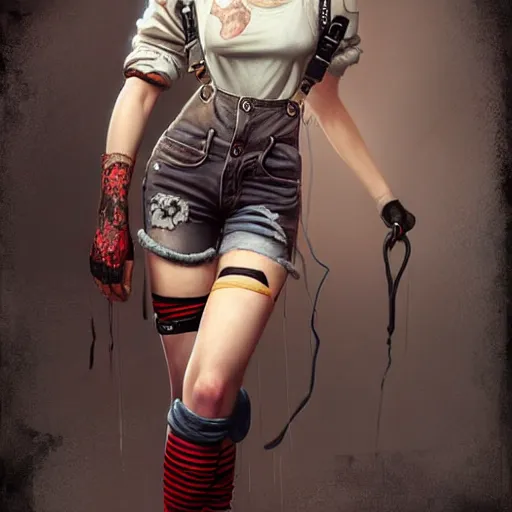 Image similar to full body pose, grungy ciri, torn overalls, short shorts, combat boots, fishnets, beautiful, highly detailed face, true anatomy!, extremely detailed!, digital painting, unreal engine 5, art by tom bagshaw