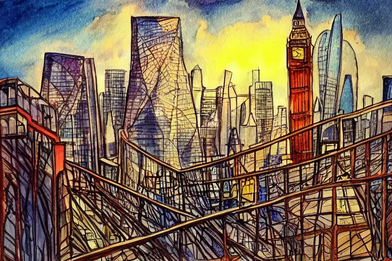 Prompt: color sketch of the london skyline, highly detailed, dramatic lighting, intense shadows, rich deep colours, by rupi kaur