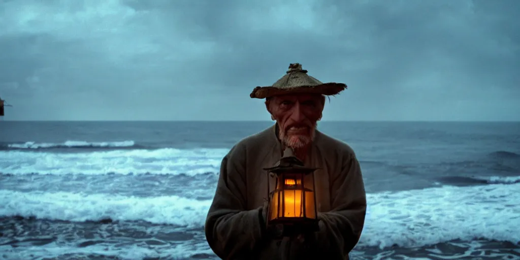 Image similar to film still of closeup old man holding up lantern by his beach hut at night. pirate ship in the ocean by emmanuel lubezki