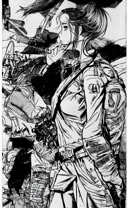 Image similar to manga style, intricate line art, side portrait of a girl, trench and sandbags in background, soldier clothing, short hair, hair down, symmetrical facial features, norman rockwell, tom lovell, alex malveda, jack kirby, greg staples