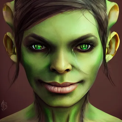 Prompt: very very very beautiful orc girl with green skin, perfect face, perfect body, eye contact, digital art by artgerm