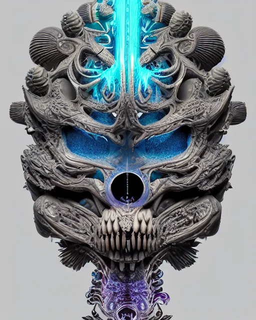 Image similar to 3 d ornate carved head with tattoos profile portrait, sigma 5 0 0 mm f / 5. beautiful intricate highly detailed quetzalcoatl skull. bioluminescent, plasma, lava, ice, water, wind, creature, thunderstorm! artwork by tooth wu and wlop and beeple and greg rutkowski, 8 k trending on artstation