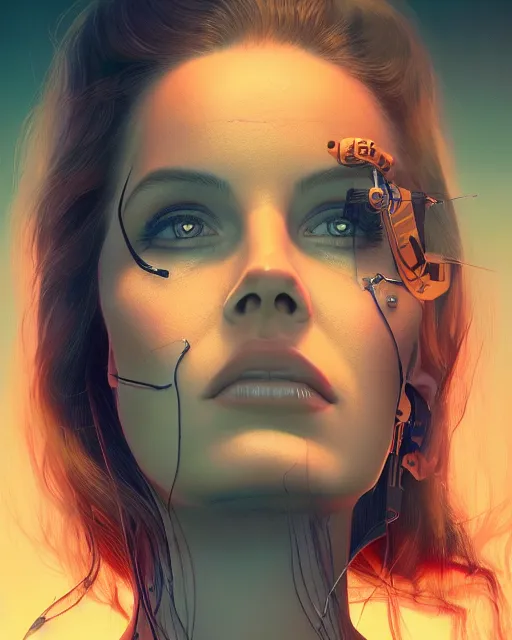 Image similar to portrait of lana del rey as a cyborg. intricate abstract. intricate artwork. by tooth wu, wlop, beeple, dan mumford. dramatic octane render, trending on artstation, greg rutkowski very coherent symmetrical artwork. cinematic, key art, hyper realism, high detail, octane render, 8 k, iridescent accents