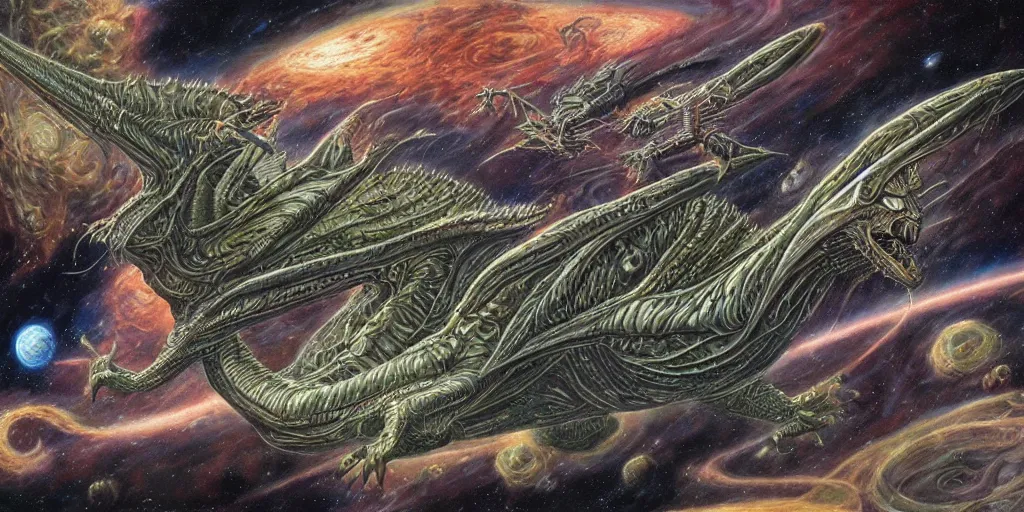 Image similar to an alien dragon flying in outer space, Dan Seagrave art