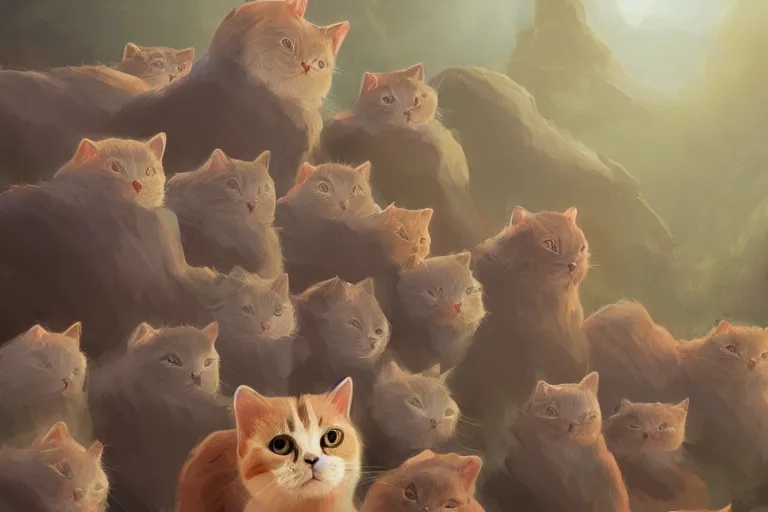 Image similar to cat standing on a rock in front of a crowd of cats, backlighting, digital art, trending on artstation, fanart