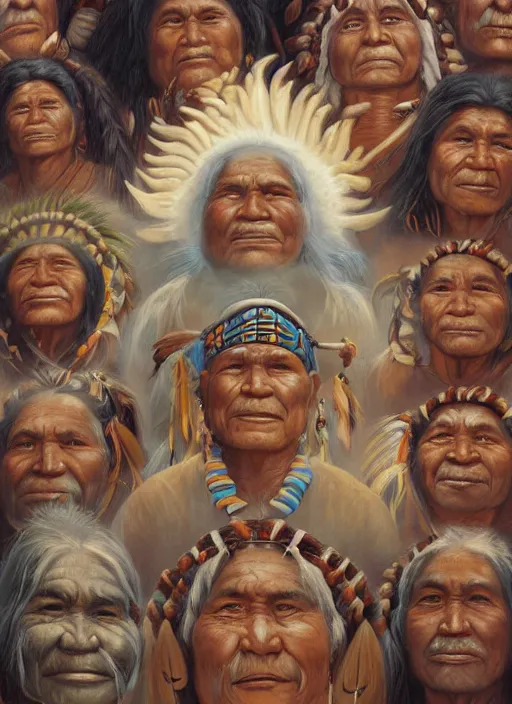 Prompt: faces of indigenous amazonian grandfathers and grandmothers spirits in the clouds, smiling, protection, benevolence, ancestors, detailed faces, art by christophe vacher