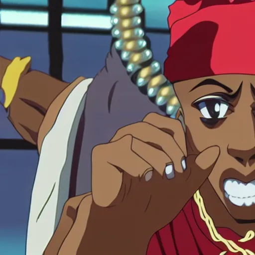 Image similar to Tupac Shakur, screenshot from a 2012s anime