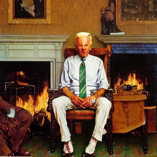 Image similar to a portrait painting by Norman Rockwell of Joe Biden sitting in a chair. Cozy fire. hands on arm rests. Legs apart