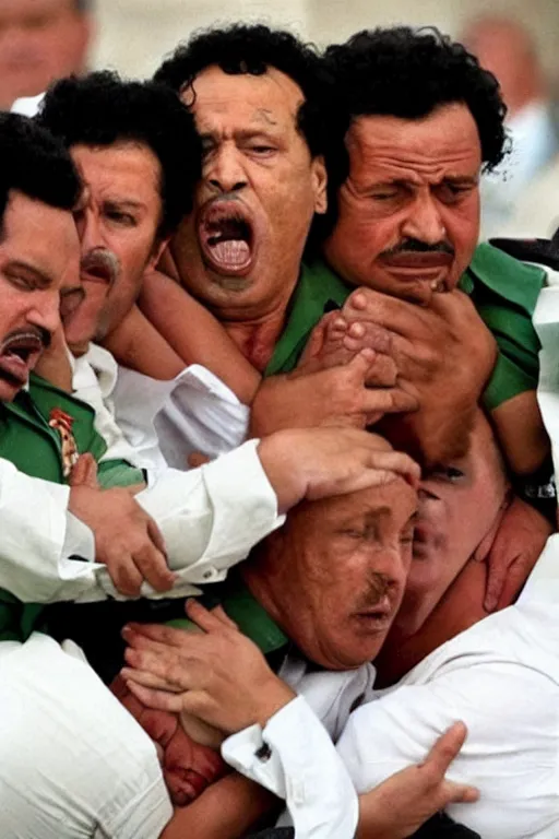 Image similar to human centipede with lukashenko putin gaddafi in roles