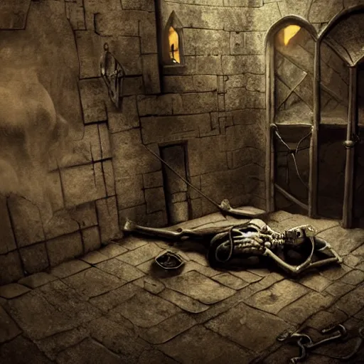 Image similar to skeleton laying in a dungeon, moody atmosphere, medieval prison, dungeon cell, prison cell, dusty, artstation award, ultra - realistic, illustration, bones