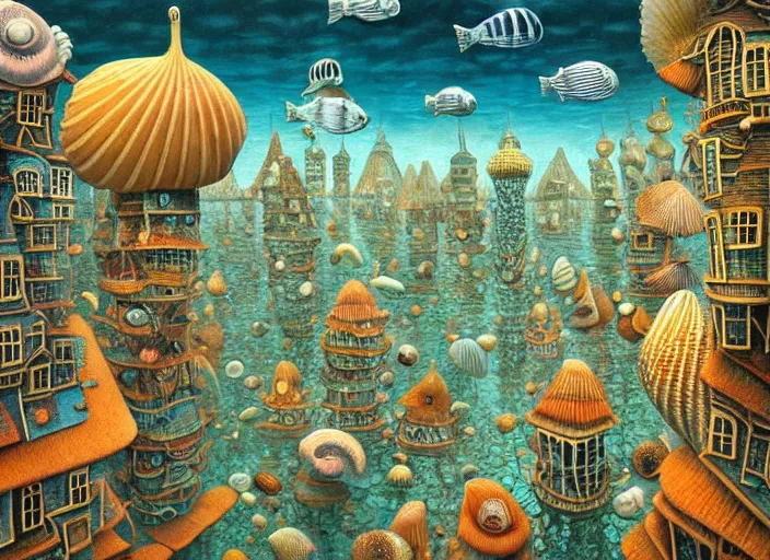 Prompt: underwater city with fish citizens inside!! the seashell, small scandinavian!!! houses, little people!!!, by jacek yerka by levitan, surrealistic painting, masterpiece, oil painting, sharp focus, highly detailed, intricate, smooth, 8 k,