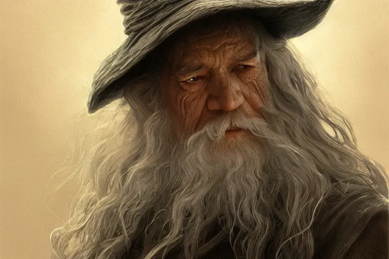 Image similar to Gandalf from Lord of the Rings, diffuse lighting, fantasy, intricate, elegant, highly detailed, lifelike, photorealistic, digital painting, artstation, illustration, concept art, smooth, sharp focus, art by John Collier and Albert Aublet and Krenz Cushart and Artem Demura and Alphonse Mucha