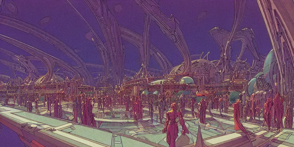 Image similar to cel shaded cinematic shot of the interior of a sci-fi space station with ornate Elven architecture bustling with people, epic castle, emerald, crystalline, detailed illustration, sharp focus, crisp lines, art by Moebius!!!, Jean Giraud Moebius!!! comic illustration