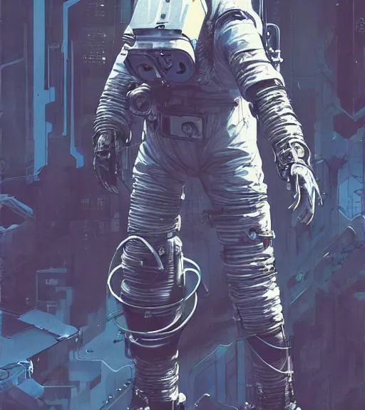 Image similar to realistic cyberpunk engineer with long limbs and a black spacesuit on a spacewalk, techwear, dead space, visible face, Industrial Scifi, detailed illustration, character portrait, by Ashley Wood and Moebius