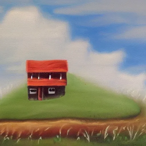 Image similar to a painting of a little house in the clouds