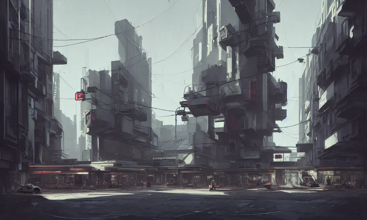 Image similar to photorealistic streetscape, simple brutalist architecture, white neon lights, neon signs, flying vehicles, pedestrians, greg rutkowski, syd mead, ralph mcquarrie, concept art, matte painting, finely detailed, minimal artifacts, rule of thirds, dynamic lighting, cinematic, denoised, centered, artstation