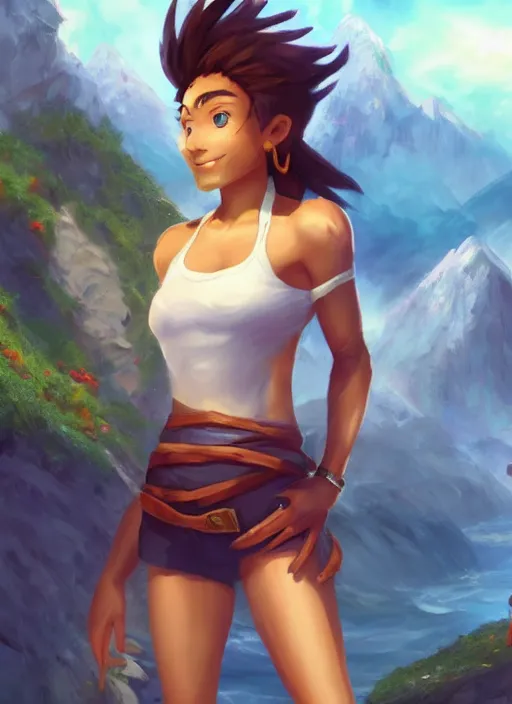 Image similar to youthful taliyah, from league of legends, au naturel, with abs, rock surfer, hyper detailed, mountain background, digital art, trending in artstation, cinematic lighting, studio quality, smooth render, unreal engine 5 rendered, octane rendered, art style by klimt and nixeu and ian sprigger and wlop and krenz cushart