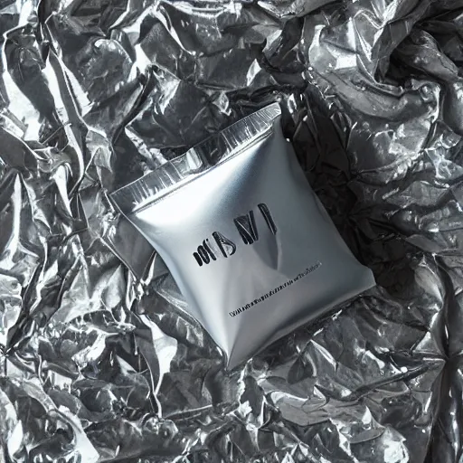 Prompt: a silver metallic space bag full of dry weed