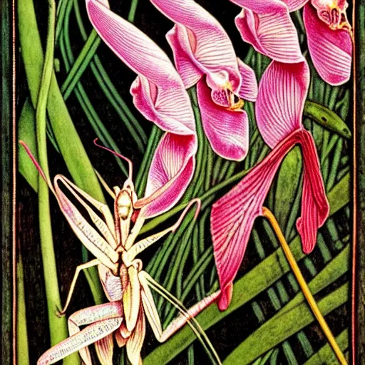 Prompt: potrait of an orchid mantis by William Morris and Carlos Schwabe, horizontal symmetry, exquisite fine details, Art Nouveau botanicals, deep rich moody colors