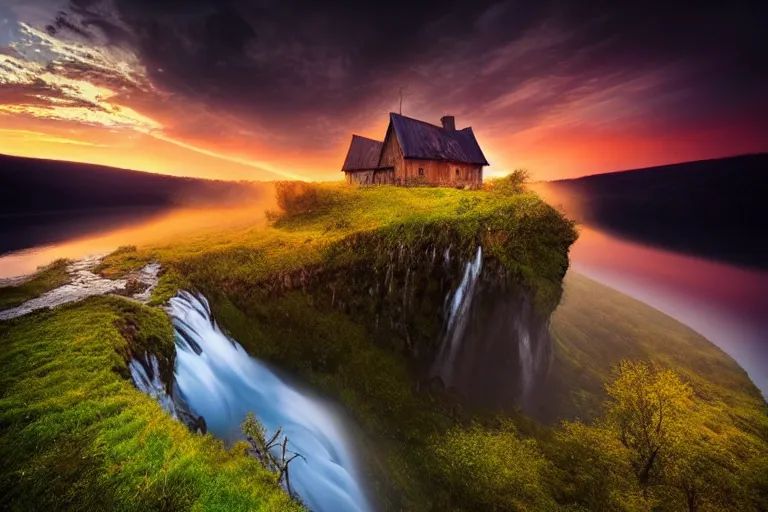 Prompt: Gediminas Pranckevicius amazing landscape photo of mountains with lake and abandoned house on top of a waterfall at sunset by marc adamus beautiful dramatic lighting,