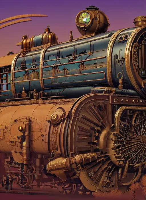 Image similar to a steampunk train by paolo eleuteri serpieri and tomer hanuka and chesley bonestell and daniel merriam and tomokazu matsuyama, unreal engine, high resolution render, featured on artstation, octane, 8 k, highly intricate details, vivid colors, vector illustration