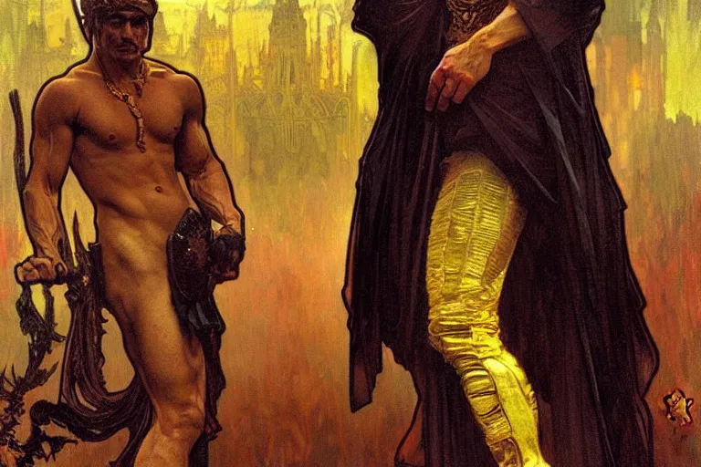 Image similar to a man wearing dark clothes and golden crown, muscular, painting by greg rutkowski and alphonse mucha