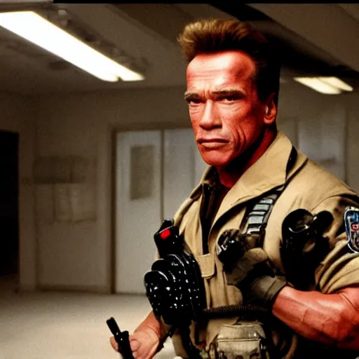 Image similar to stunning awe inspiring arnold schwarzenegger as a ghostbuster, movie still 8 k hdr atmospheric lighting