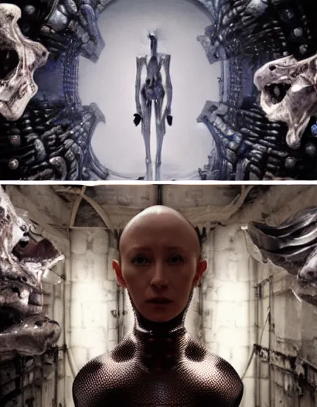 Prompt: still frame from Prometheus movie by Makoto Aida, cyborg with life within by Iris van Herpen painted by Caravaggio and by Yoshitaka Amano by Yumihiko Amano by Makoto Aida
