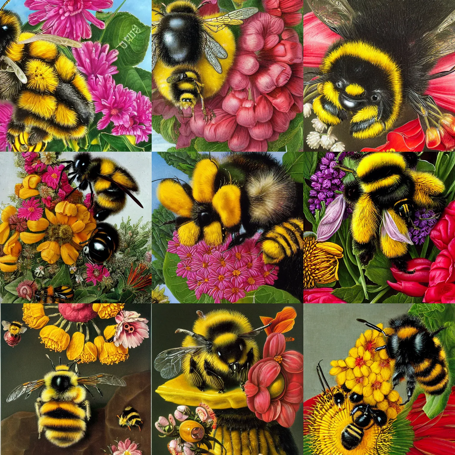 Prompt: arcimboldo painting of bumblebee made of flowers, bumblebee sitting on finger, close - up, center focus, high detail
