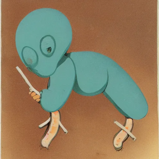 Image similar to a small turquoise sausage - shaped creature with two outstretched stick - like heads from the front of his body in costume