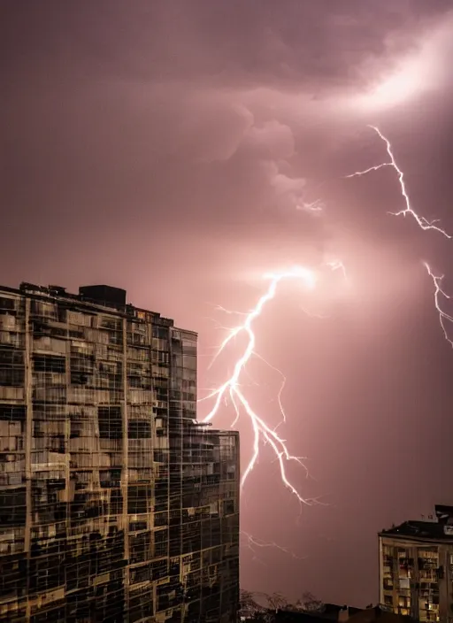 Image similar to a 2 8 mm macro photo of lightning striking the top of a building in a city, long exposure, misty, night, splash art, movie still, bokeh, canon 5 0 mm, cinematic lighting, dramatic, film, photography, golden hour, depth of field, award - winning, anamorphic lens flare, 8 k, hyper detailed, 3 5 mm film grain