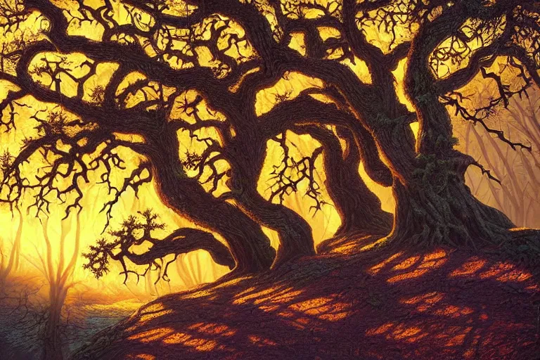 Prompt: masterpiece painting of oak trees on a hillside overlooking a creek, dramatic lighting, by dan mumford