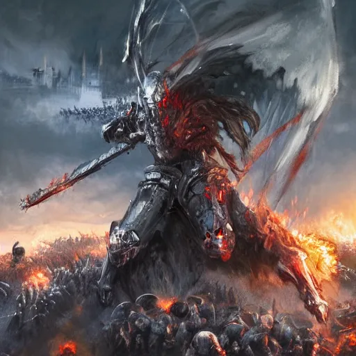 Prompt: cinematic digital art of the last knight from heaven fighting the hordes from hell making this last stand to protect the holy kingdom of heaven as they attack from below