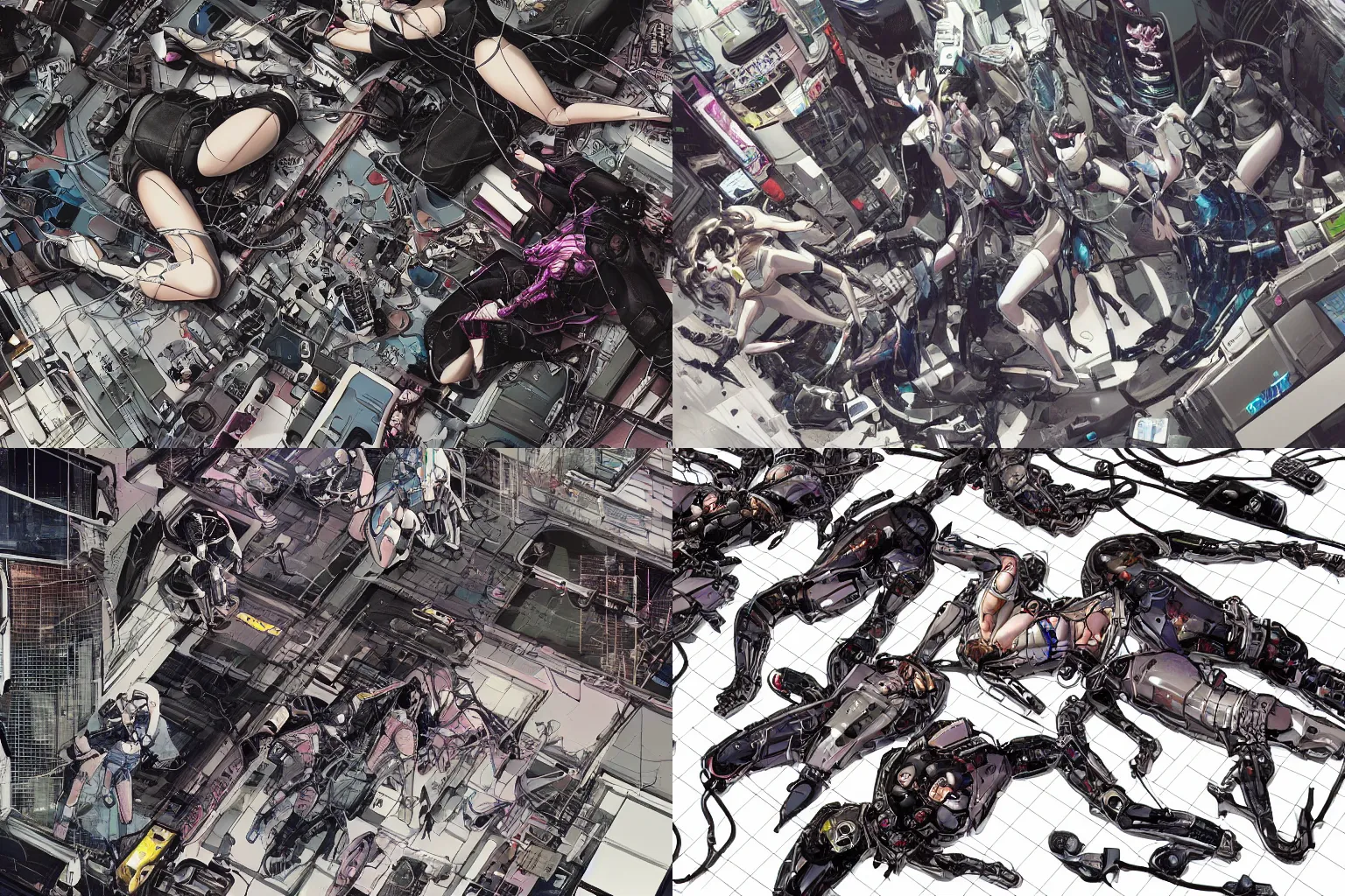 Image similar to a cyberpunk illustration of a group of female androids in style of masamune shirow, lying on an abstract, empty, white floor with their body parts scattered around in various poses and cables and wires coming out, by yukito kishiro and katsuhiro otomo, hyper-detailed, intricate, view from above