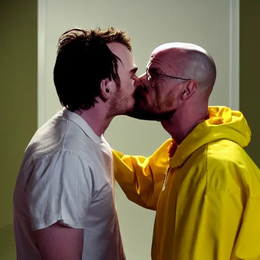 Prompt: side angle of walter white passionately kissing jesse pinkman on the mouth, yellow backdrop