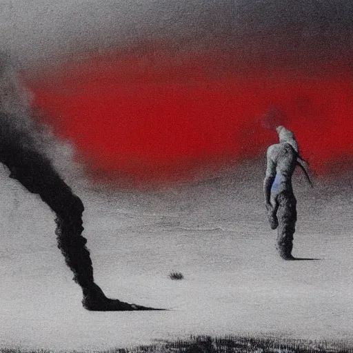 Prompt: closeup of a lonely man in curled up position with black smoke, red women dancing and crying, snowy post apocalyptic field, painting by beksinski