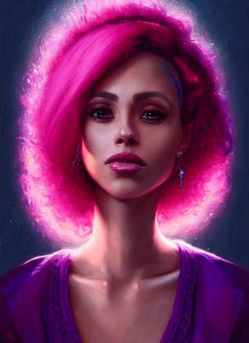 Image similar to portrait of vanessa morgan with bright pink hair, curly pixie cut hair, wearing a purple breton cap, breton cap, hoop earrings, intricate, elegant, glowing lights, highly detailed, digital painting, artstation, concept art, smooth, sharp focus, illustration, art by wlop, mars ravelo and greg rutkowski