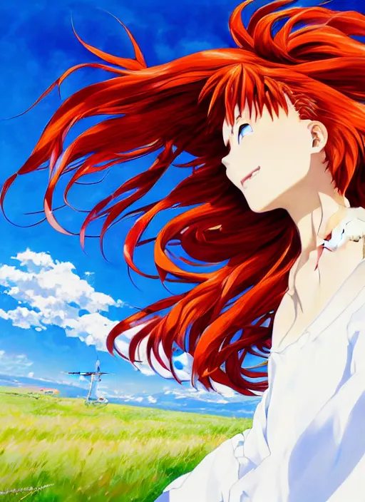 Image similar to portrait of Asuka Soryu Langley from Neon Genesis Evangelion with long wavy red hair in a white dress, countryside, calm, fantasy character portrait, dynamic pose, above view, sunny day, thunder clouds in the sky, artwork by Makato Shinkai and Giuseppe Dangelico Pino and Michael Garmash and Rob Rey, very coherent asymmetrical artwork, sharp edges, perfect face, simple form, 100mm