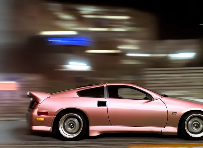 Prompt: Nissan 300ZX Z32 1999 racing down high way night time japan film photo motion blur front side view ((((Wadim Kashin Wenjun Lin))))