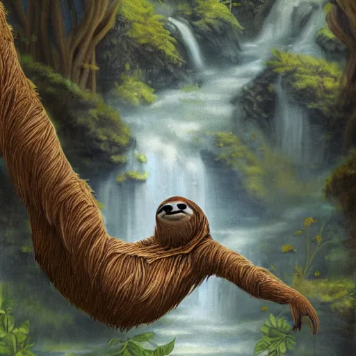 Image similar to a fantasy artwork of a sloth floating down stream