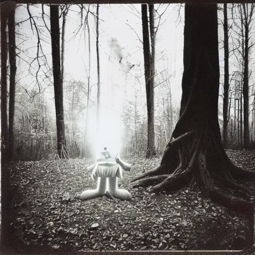 Image similar to eerie polaroid of a creepy clown peaking out from behind a tree in a forest at dusk
